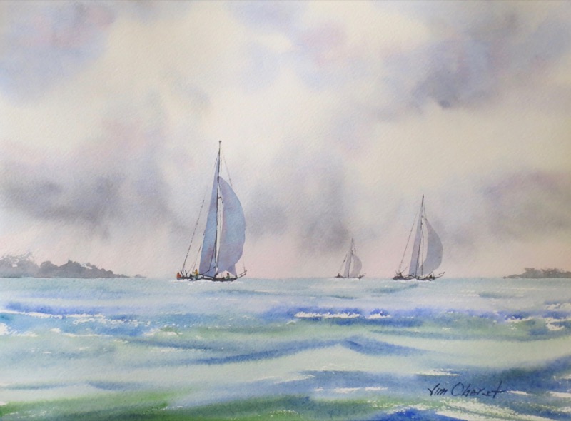 seascape, boat, sailboat, storm, sky, waves, oberst, watercolor, painting